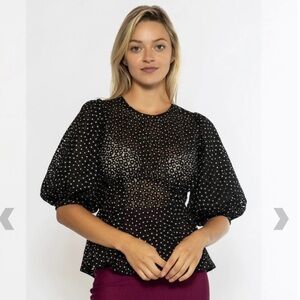 Gracia Peplum Sheer Embroidered Black Blouse